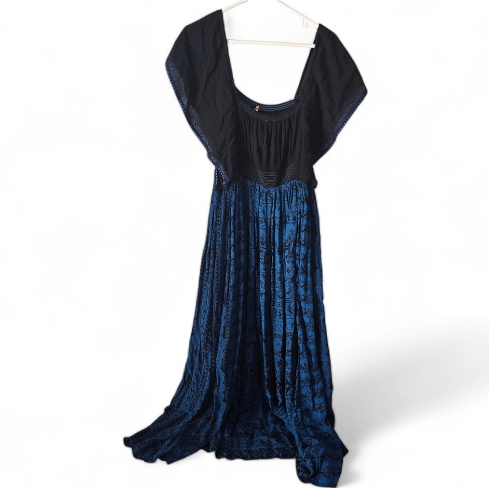 Free People In Search of Paradise A Line Printed Skirt Midi Dress L Blue/Black - Picture 2 of 15